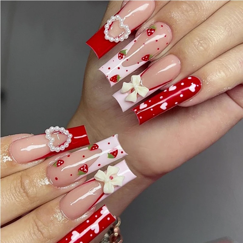 

24 PCS Strawberry Bow Nail Art, Long Length Long Water Pipe Fake Nails,Square Head Nail Tips False Nail