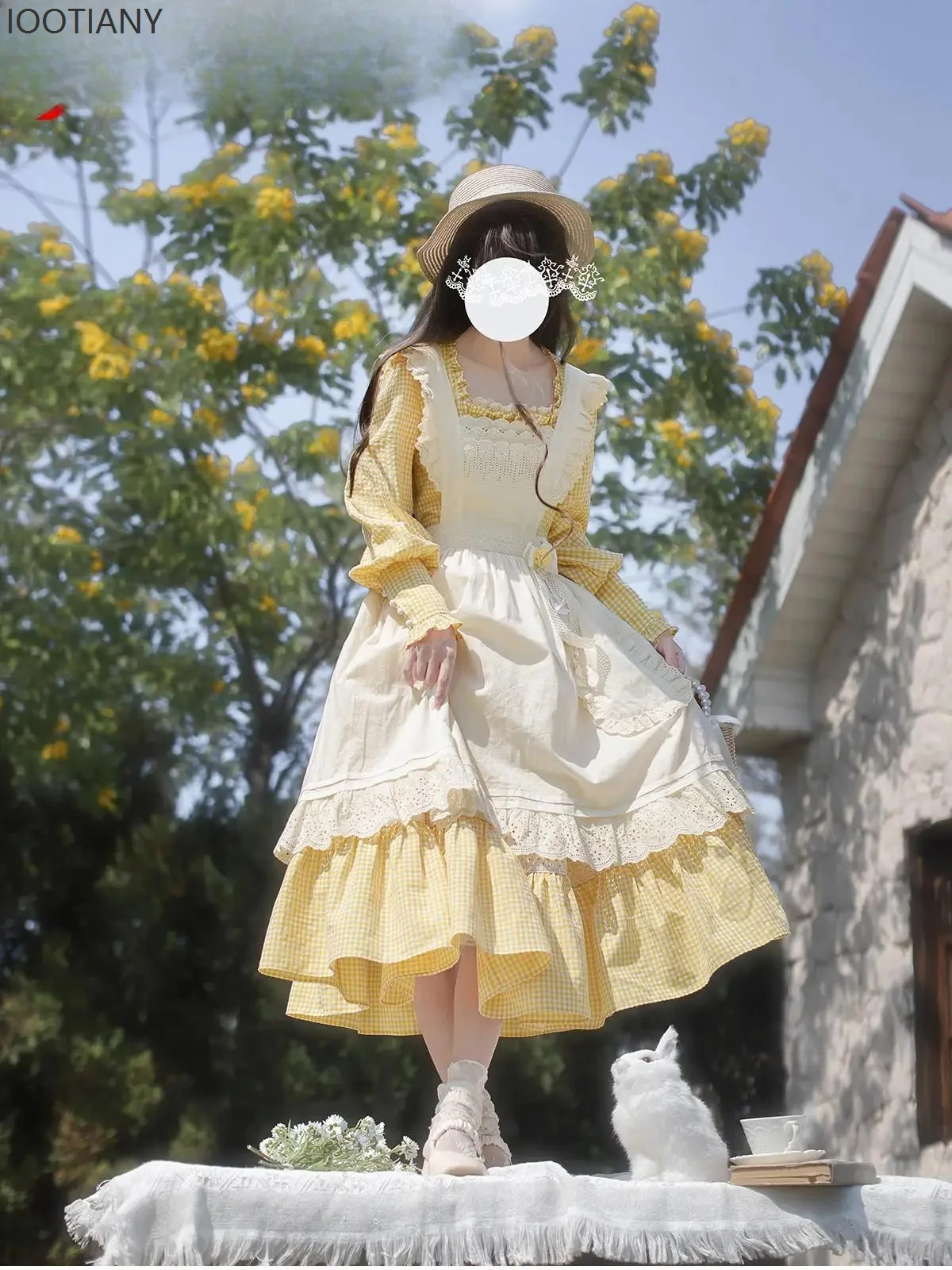 

Ruffled Square Neck Bow Long Sleeve High Waist A-line Plaid Dress For Women Spring French Elegant Retro Pastoral Sweet Lolita