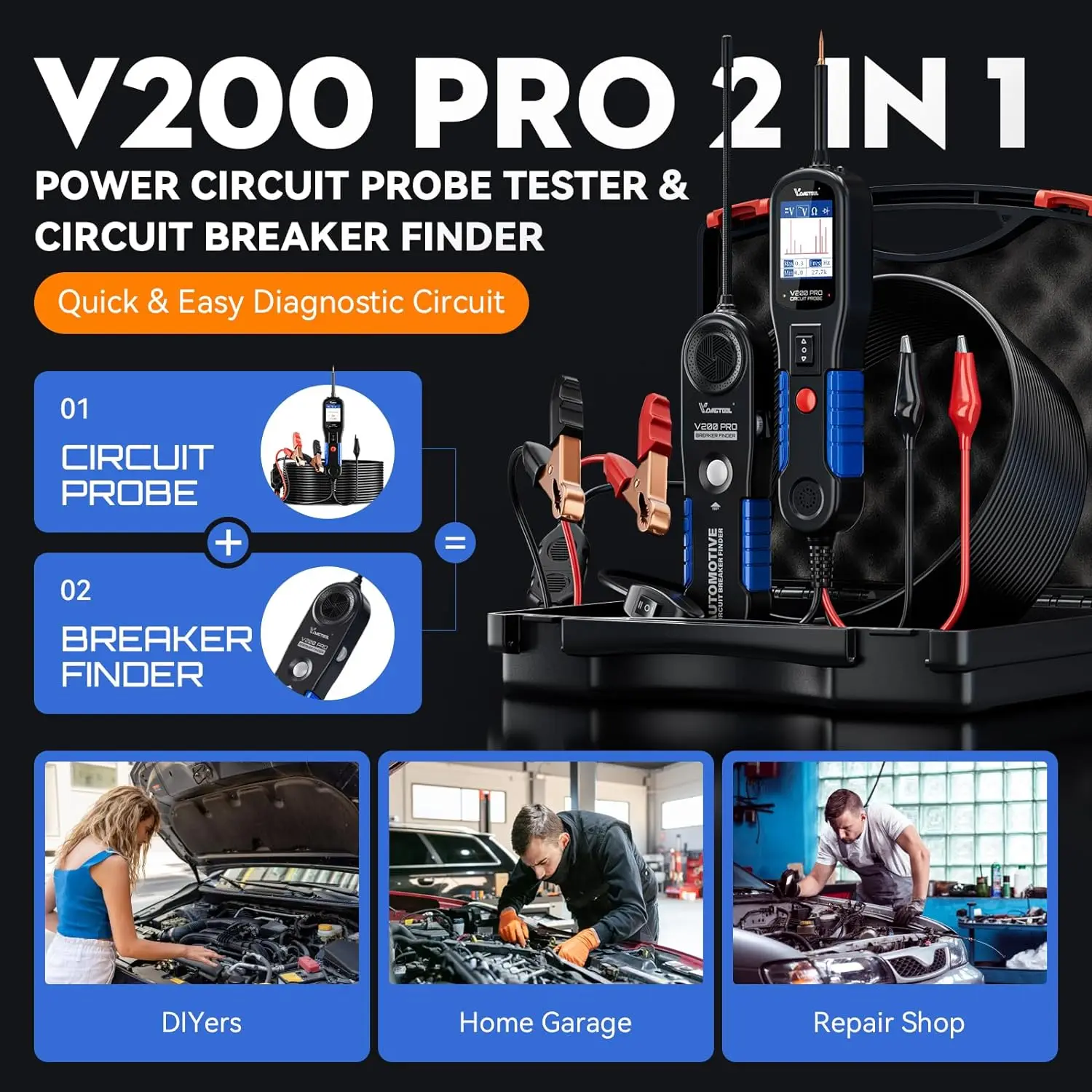 VDIAGTOOL V200PRO Automotive Power Circuit Probe 12/24V Electrical Short Open Breaker Finder Car Electrical Diagnostic 40FT Cabl
