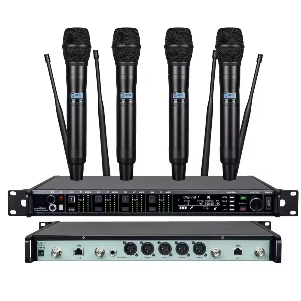 unique AD4Q Professional Studio 4 Channel Handheld Conference Microphone UHF Wireless Microphone System for Meeting  Stage Perfo