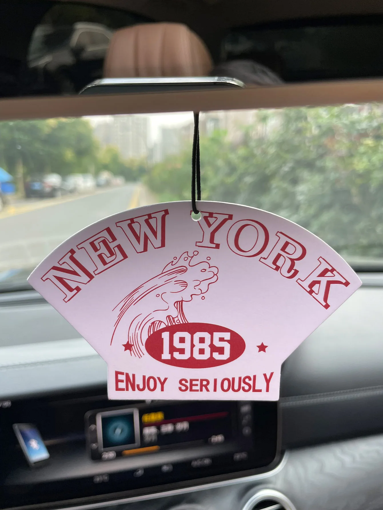 Vintage Fan Shaped New York 1985 Car Air Freshener, Retro Red Script Wave Star Enjoy Seriously Hanging Scent Card, Natural Plant