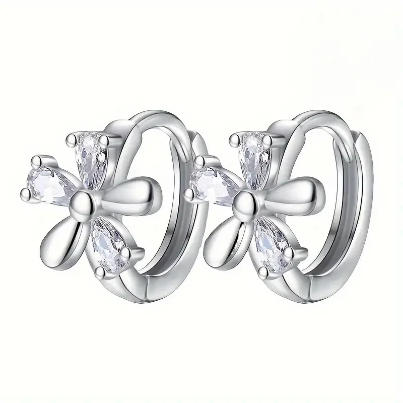 Huitan-pendientes de aro de Plata de Ley 925 con diseño de flores para mujer, accesorios brillantes para la oreja con CZ brillante, joyería de boda dulce