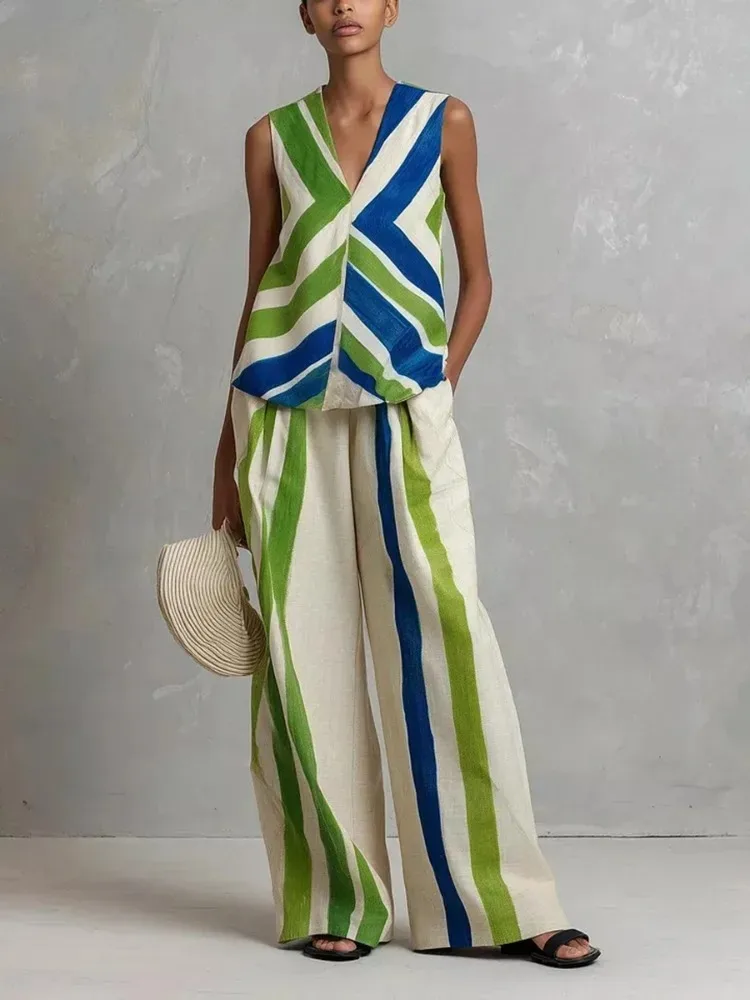 

UOOZEE 2026 New Boho Vacation 2 Piece Set Women Fashion Contrast Color Striped V-Neck Tank & Elastic High Waist Wide Leg Pants