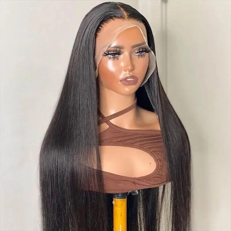 Peluca recta de encaje frontal para mujer, prearrancado pelo sintético, suave, negro Natural, sin pegamento, 26 ", 180de densidad, resistente al calor