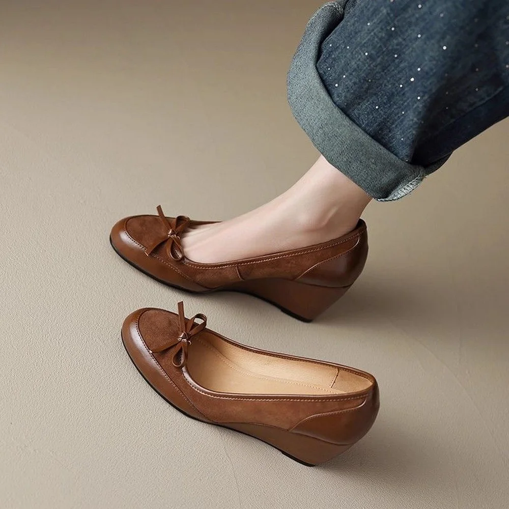 

FHC Bowtie Round Toe Wedges High Heels,Women Pumps,Fashion Office Working Shoes,Retro Style,Slip On,Black,Brown,Dropship