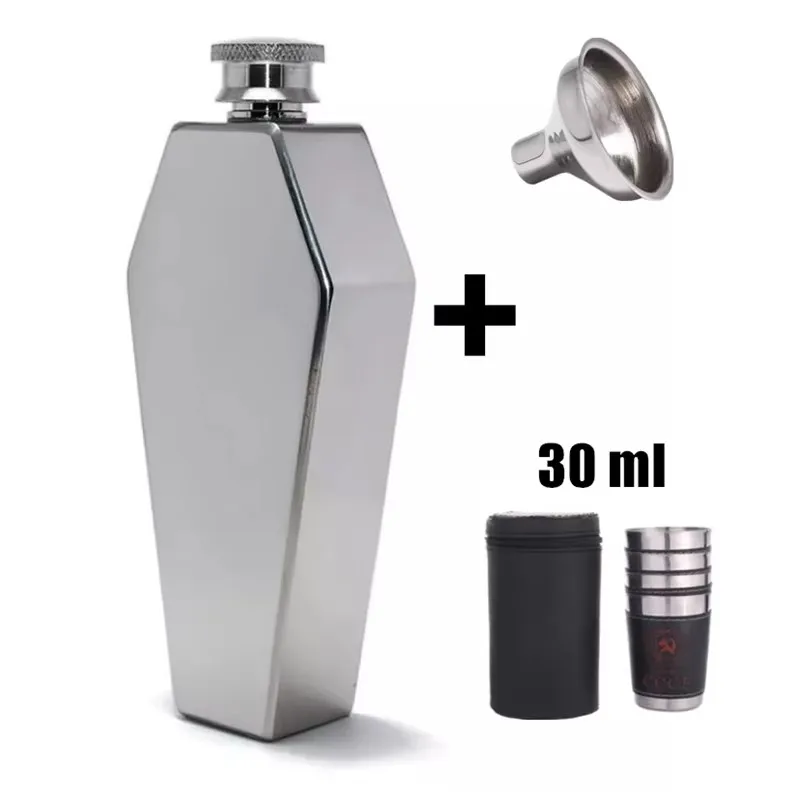 

Portable Hip Flask 3.5oz Spirits Cup + Funnel Stainless Steel 4pcs 30ml Shot Glass Set Personalized Coffin Shape Flagon Men Gift