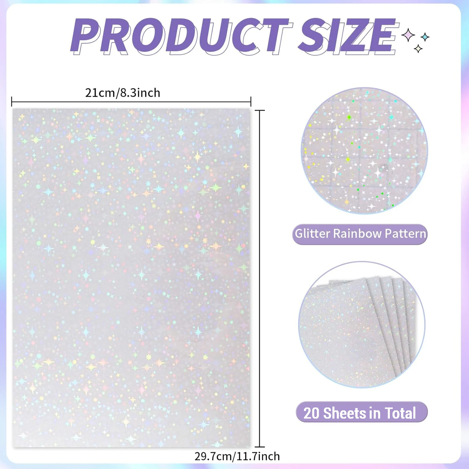 20 Sheets Holographic Sticker Paper A4 Clear Vinyl Self Adhesive Waterproof Transparent Laminating Sheets 11.7 x 8.3 Inch 5 Styl