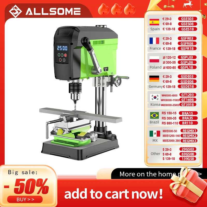 Allsome Benchtop Drill Press,Variable Speed drilling machine with Laser Alignment & Work Light BG-516809