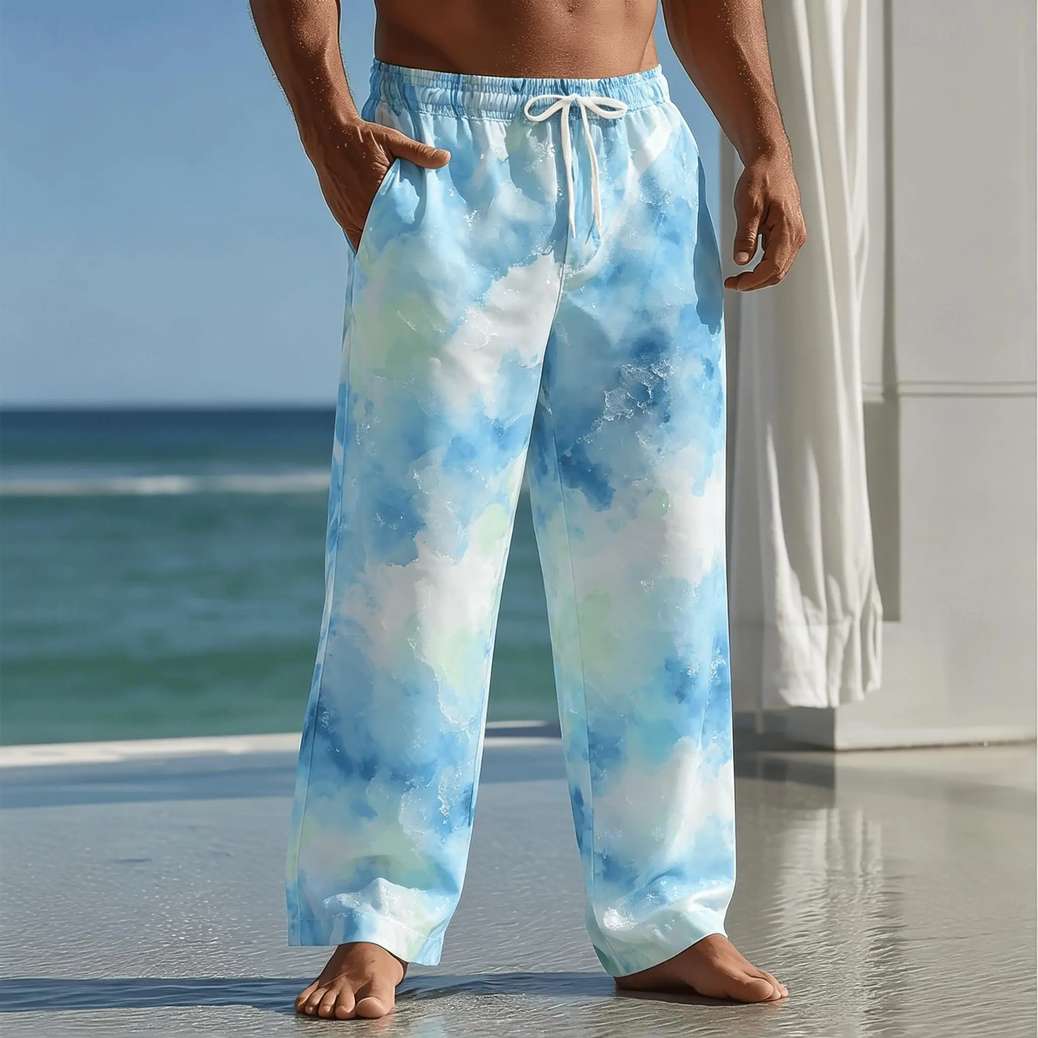 Men's Watercolor Ocean Tie-Dye Print Drawstring Pants, Casual Loose Wide-Leg Trousers for Spring & Summer