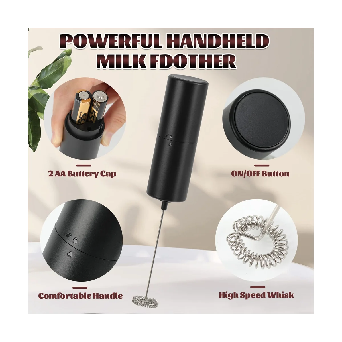 Handheld Black, Battery Operated Beverage Mixer, Mini Coffee Mixer for Latte, Cappuccino, Matcha
