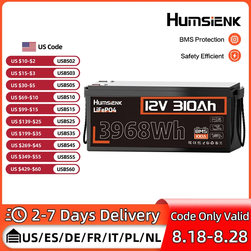 

12V 310Ah LiFePO4 Battery 3968Wh Energy 100A BMS A+ Cells For RVs, Vans, Trolling Motor, Solar Energy Storage, Off Grid