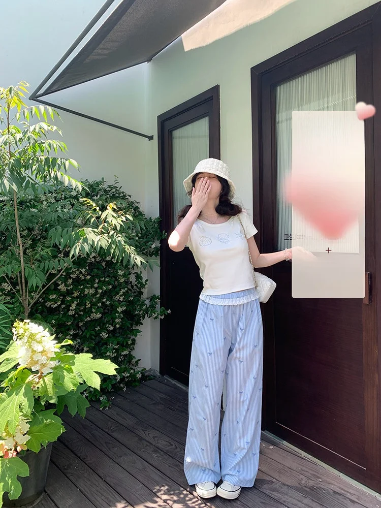 

PtonUmi Island Memory Blue Striped Knot Embroidered Casual Wide Leg Pants Women High Waist Lace Trim Pants