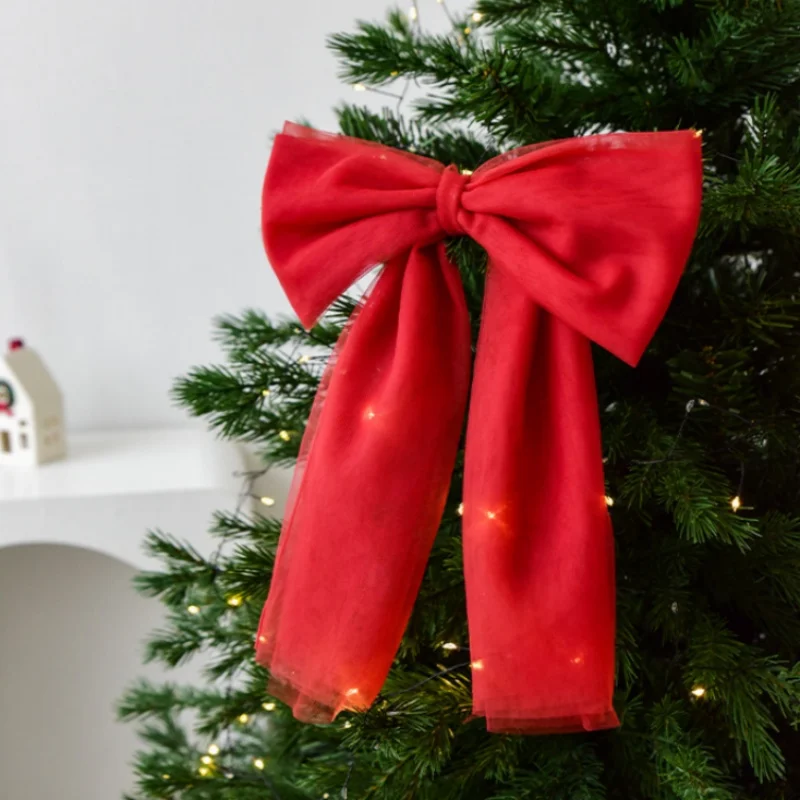 

30/60/75cm Christmas Decorations Snow Yarn Bow Christmas Tree Decoration Hanging Window Display Scene Cloths Red Green Beige