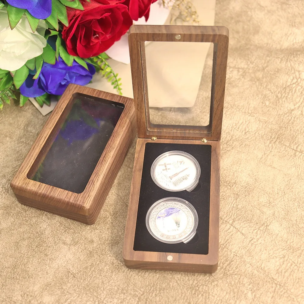 Rectangle Double Currency Commemorate Gift Box Desktop Dustproof Badge Storage Box Flip Cover Solid Wood Coin Packaging Box