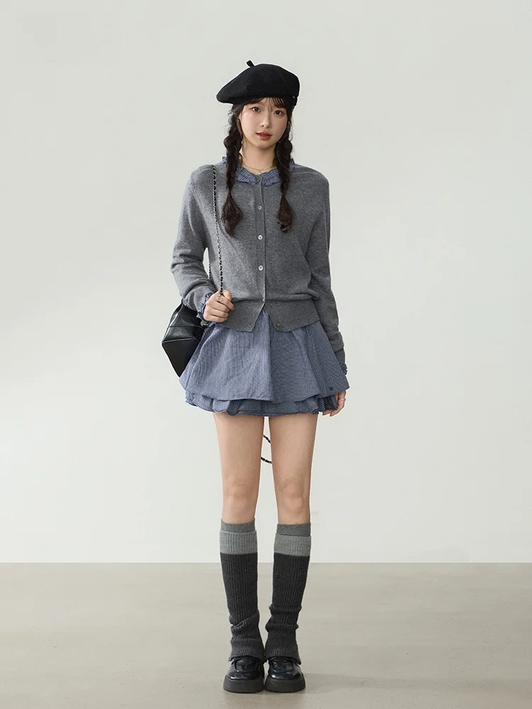 

Белый Little Fi Original Miu Series ort Plaid сращивание вязаный кардиган верхняя одежда женский весенне-осенний свитер топ