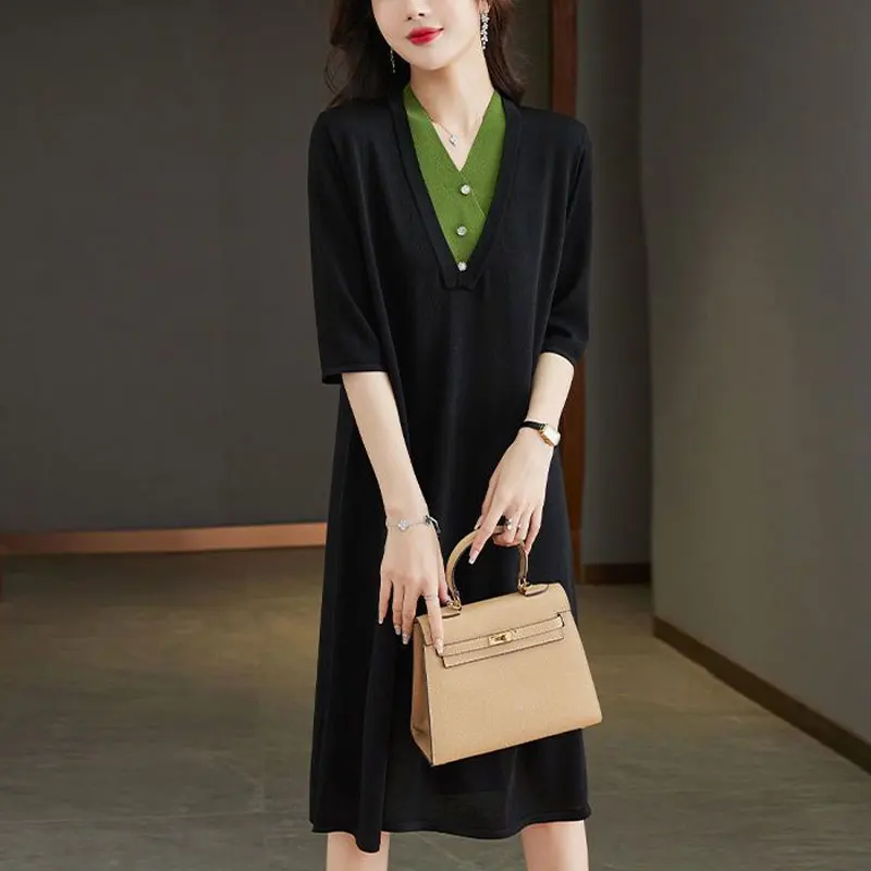 Casual Solid Color Patchwork Midi Dress Summer Half Sleeve Female Clothing Elegant V-Neck Button All-match Loose A-Line Dresses