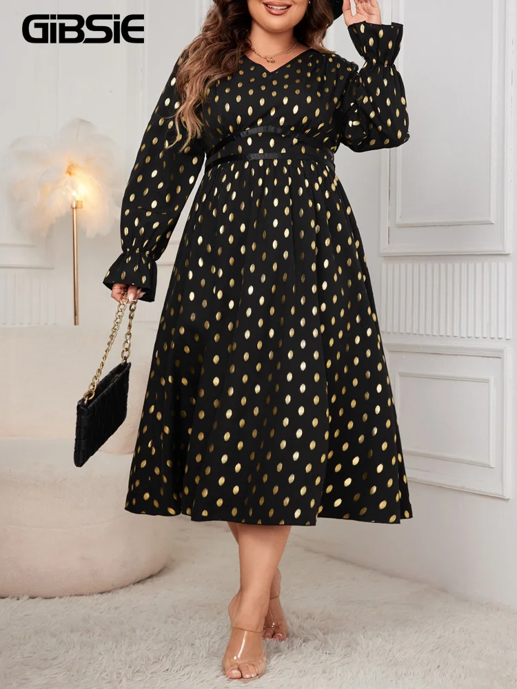 GIBSIE Plus Size High Waist Polka Dot Long Dress Women 2024 Autumn New V-neck Long Sleeve Black Elegant A-Line Dresses Female