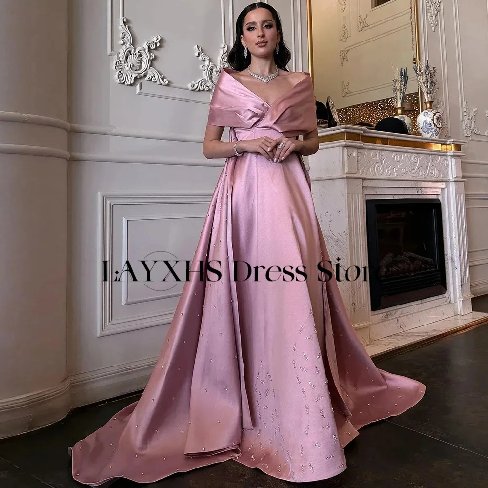 LAYXHS Squisiti abiti da sera con spalle scoperte Abito da ballo rosa a-line con strascico di corte con perline Abito personalizzato