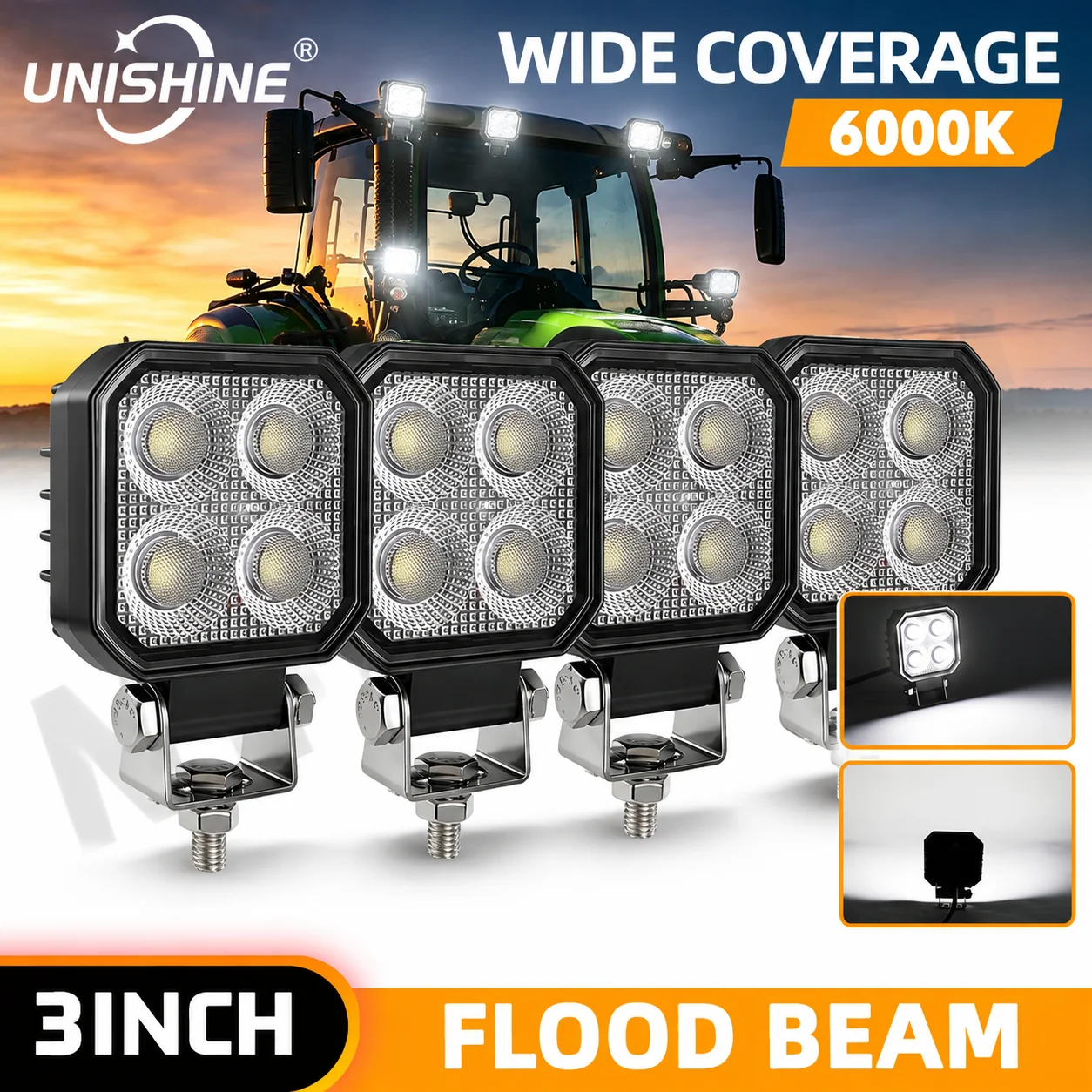 UNISHHINE, faretto rettangolare a LED da 3 pollici, 9-32V, 30000LM, luce da lavoro per auto, camion, barca, trattore, quad, 4X4, faro a LED, utilizzo fuoristrada