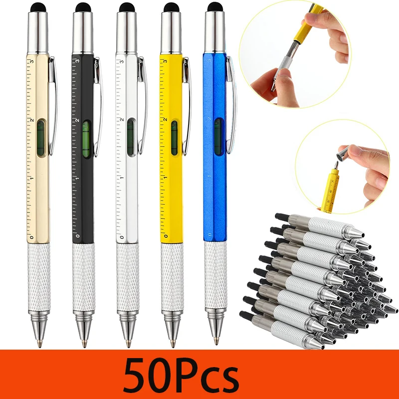 

50Pcs 6-in-1 Multitool Tech Tool Pens with Ruler Level Gauge Ballpoint Pens Stylus Pen Multifunction Pen Tool Gadget for Men