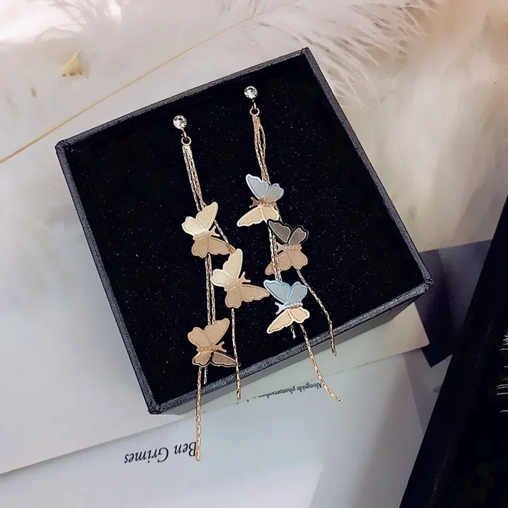 Delysia King Women Trendy Butterfly Tassel Pendant Earrings Versatile Elegant Temperament Eardrop