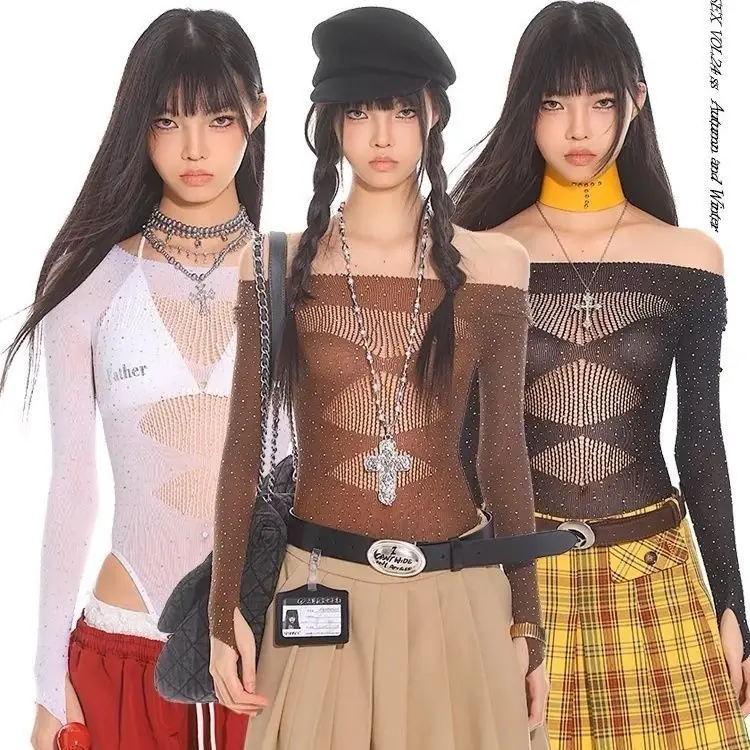 سالينسي مثير الجوف خارج ارتداءها Bodycon Y2K طويلة الأكمام موضة تي شيرت المرأة الجاز الرقص الشرير الشارع الشهير داخلية