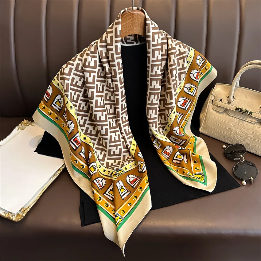 90*90cm Luxury Brand Twill Silk Large Scarf Women Fashion Belt Pattern Satin Square Female Design Handkerchief Bandanna Foulard