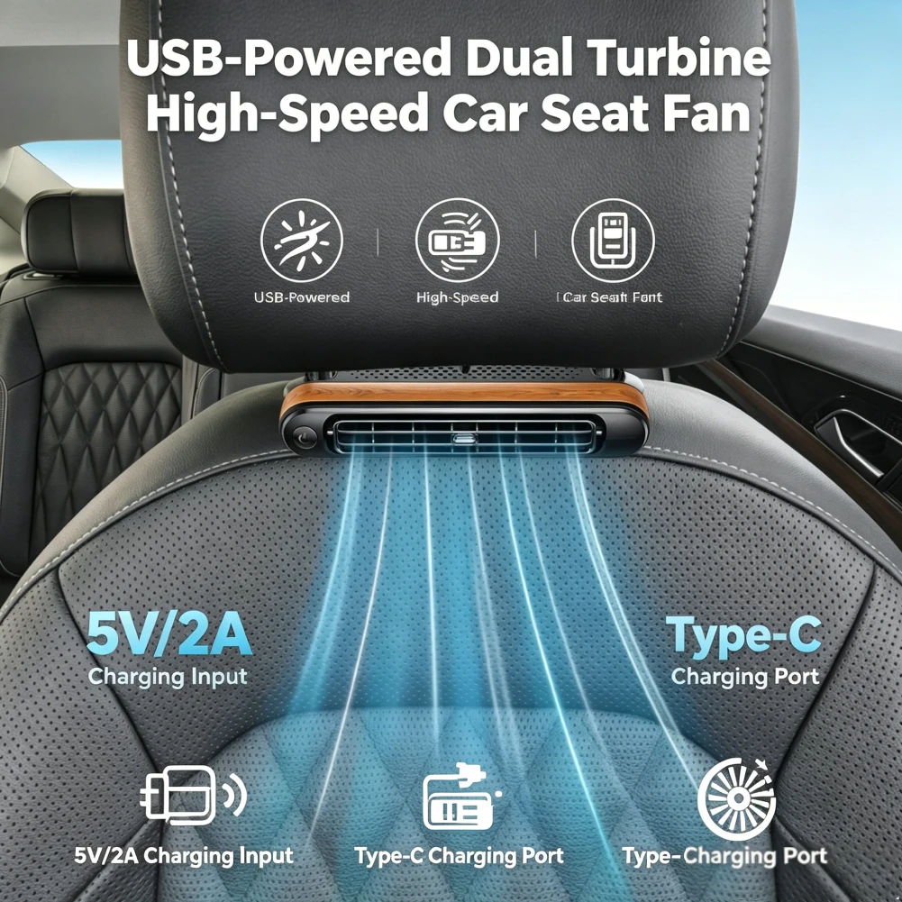 Backseat Cooling Fan Vehicle Rear Headrest Fans Three Adjustable Wind Speeds Portable Fan USB Car Fan for Sedan SUV RV Truck