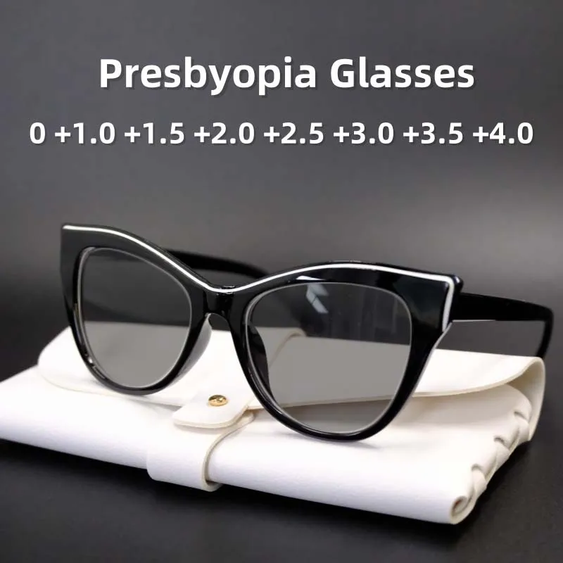 

Women's Fashionable and Elegant Cat Eye Presbyopia Sunglasses New Black Gray Lens UV Resistant Glasses Diopter To +4.0