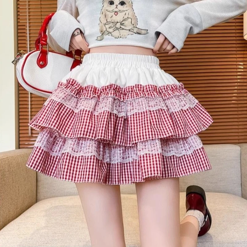 Franse Kant Stiksels Geruite Tutu Rok Vrouwelijke Zomer Zoete Hoge Taille A-lijn Babes Taart Rok Korea Chic Patchwork Casual Outfit