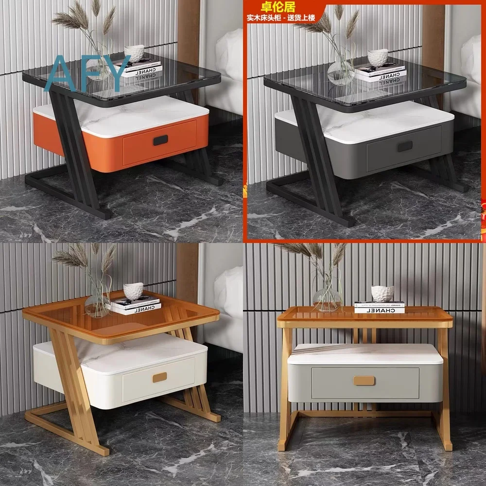 Modern Minimalist Bedside Table for Bedroom Furniture Storage Cabinet with Tempered Glass Top and Solid Wood Frame for Living