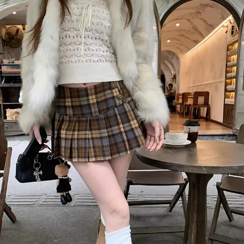 Vintage Color Block Plaid Skirt Women Preppy Style Faux Woolen High Waist Pleated Skirt Fall Winter Retro A Line Mini Skirt New