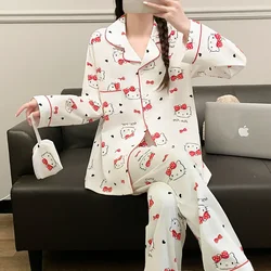 Cartoon Sanrio Hello Kitty pajamas autumn cotton long-sleeved trousers two-piece set loose women's pajamas loungewear set