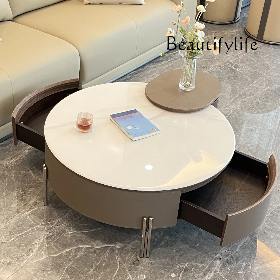 New round Microlite Coffee Table Living Room Lifting Rotating Saddle Leather Modern Simple High Sense