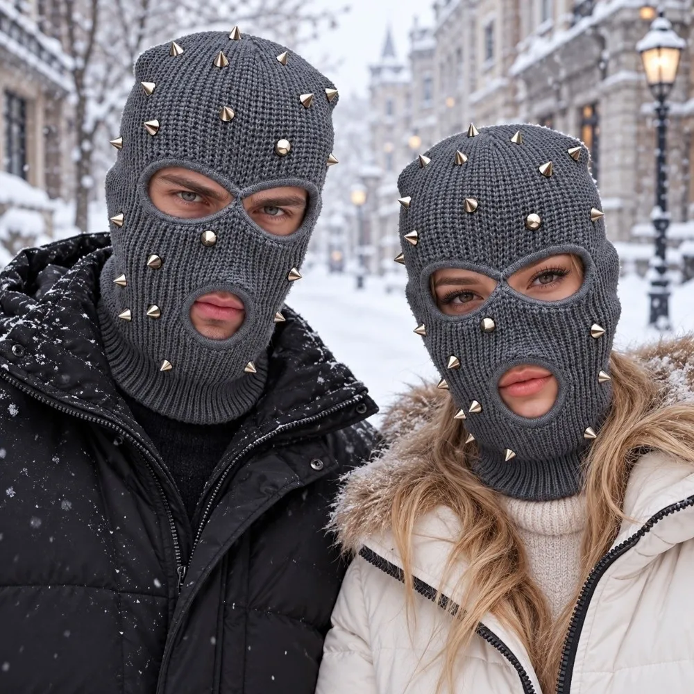 Unique Warm 3 Hole Knit Balaclava Windproof Stretchy Studded Full Face Mask Thicked 8 Colors Winter Ski Mask Unisex
