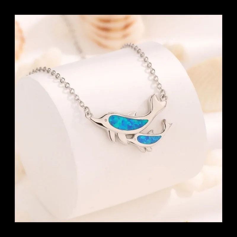 

New S925 Sterling Silver Jewelry Sapphire Dolphin Pendant Necklace, Simple Ladies Opal Necklace