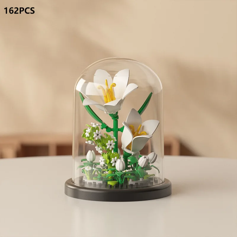 Bouquet di Fiori Eterni, Pianta in Vaso Bonsai, Modello di Blocchi da Costruzione, Decorazione per la Casa, Giocattoli Puzzle, Regali di Compleanno e Natale per Bambini