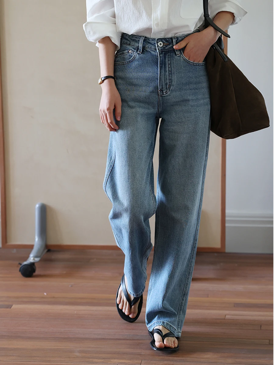 MUNNS Vintage Washed Straight Leg Jeans Women's Loose Slim Fit Long Trousers Casual Style Autumn New Arrival Natural Waist