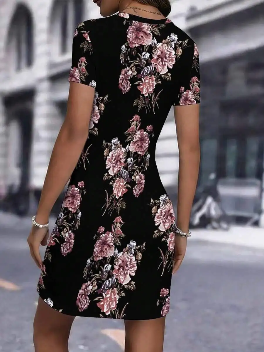 

Womens Floral Print Bodycon Dress Short Sleeve Crew Neck Elegant Casual Semi-Formal