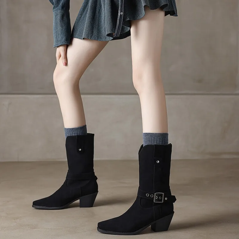 2026 Damen-Cowboystiefel mit Dicker Sohle und Hohem Absatz aus Wildleder Klassischer Stil Damen-High-Heels Größe 34-45