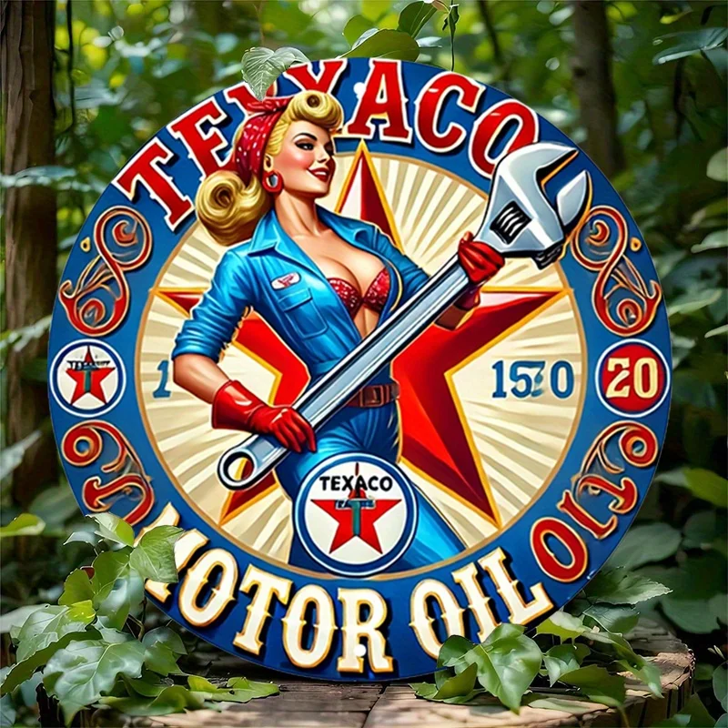 Rundes Aluminiumschild „Texaco Motoröl“ im Vintage-Stil – rustikale Metallwandkunst mit Mechaniker-Thema für Zuhause, Garage, Café oder Esszimmer