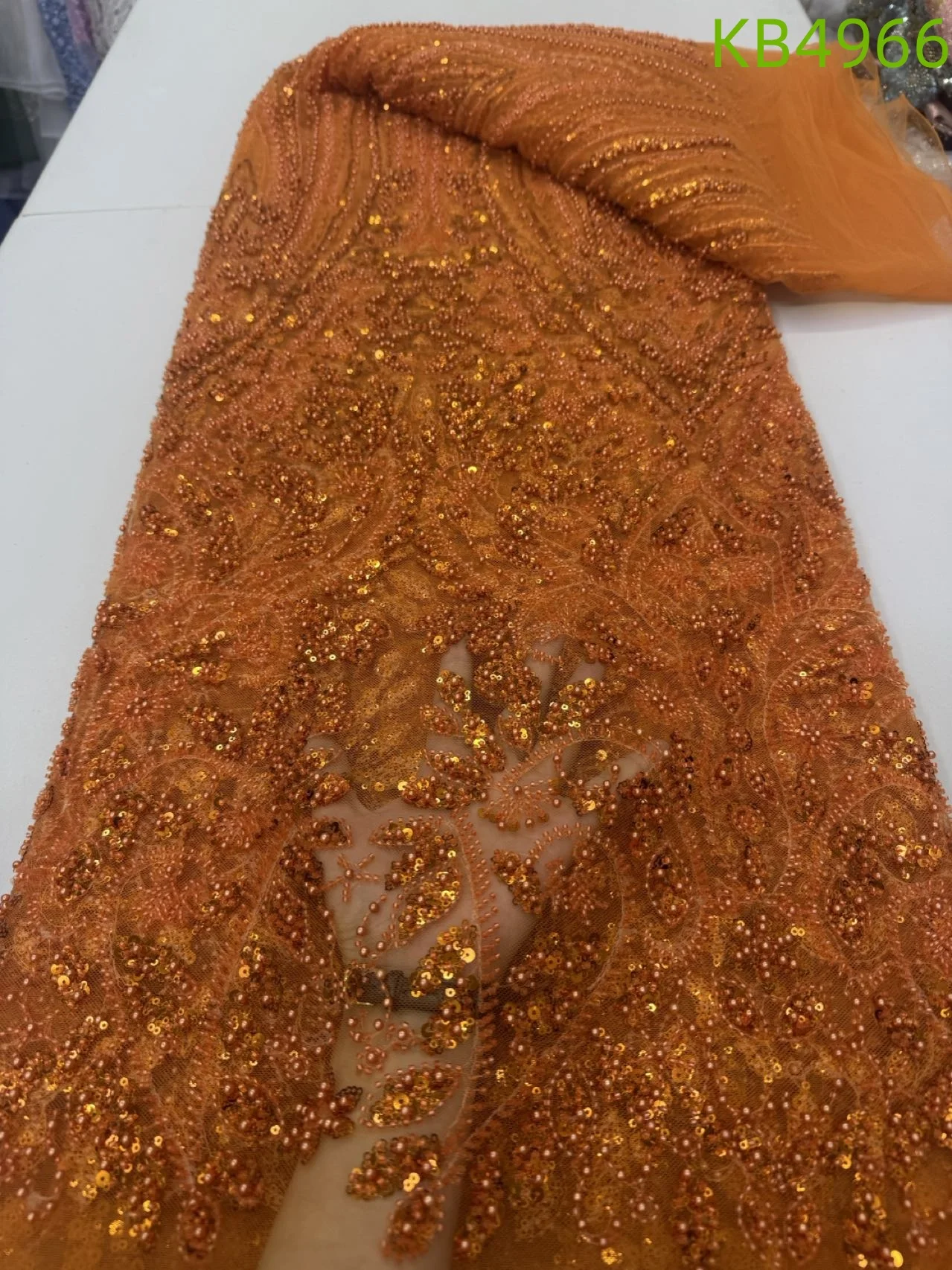 

African Burnt Orange Beaded Sequins Lace Fabrics Royal Blue Beads Tulle Lace Fabric Embroidered Lace Fabrics For Sewing KB4966