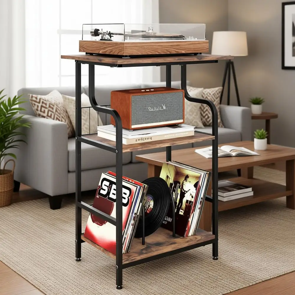 

Трехуровневая подставка для хранения виниловых пластинок с большим столешницей, цвет: рустик-коричневый