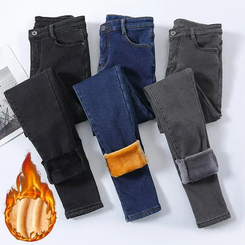Hot Sale Winter Lady Thin Snow Warm Velvet Jeans Girls Thermal Fleece Pencil Pants Women Straight Leg Denim Casual Trousers