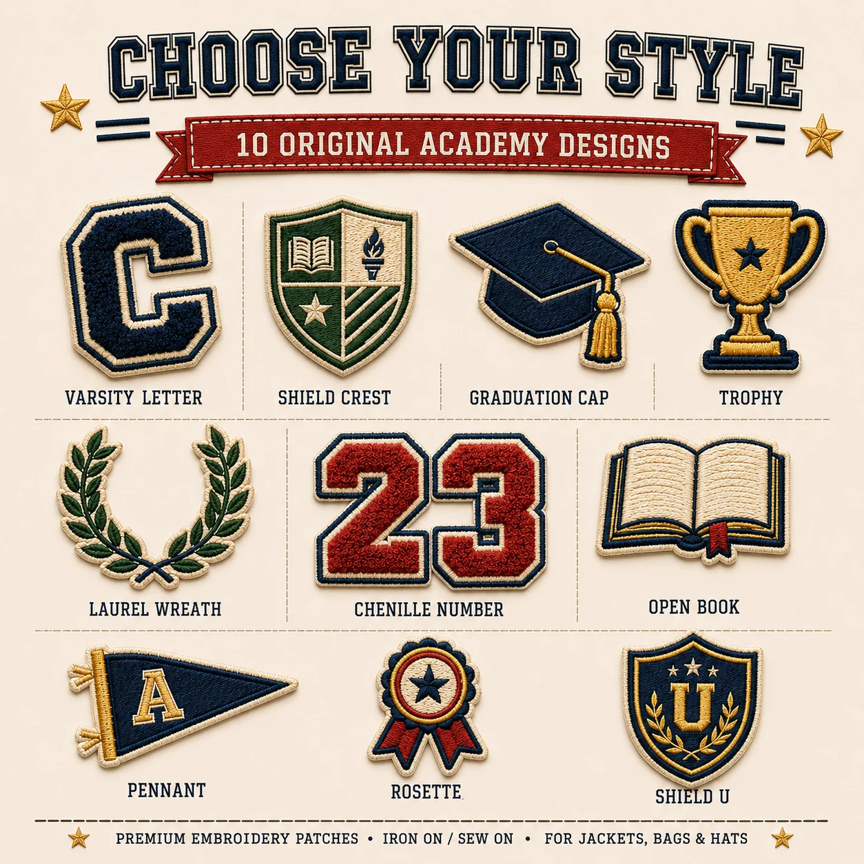 Custom Varsity Embroidered Patches Personalized College Letter Number Crest Iron On Sew On for Jackets Bags Hats School Team