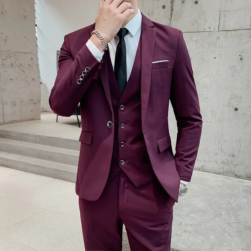 Slim Fit Male 3 Piece Wedding Dress Suits Set Men Business Casual Blazer Wedding Blazers Jacket Pants Vest Groomsman Wear Tuxedo