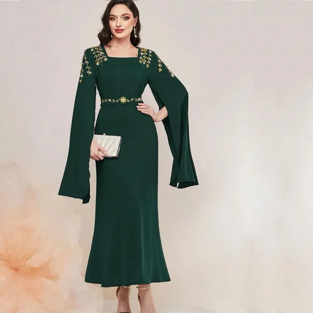 

Green Ankle Length Mother of the Bride Dresses Square Neck Long Sleeve Beaded Chiffon Mermaid Womens Wedding Party Dress