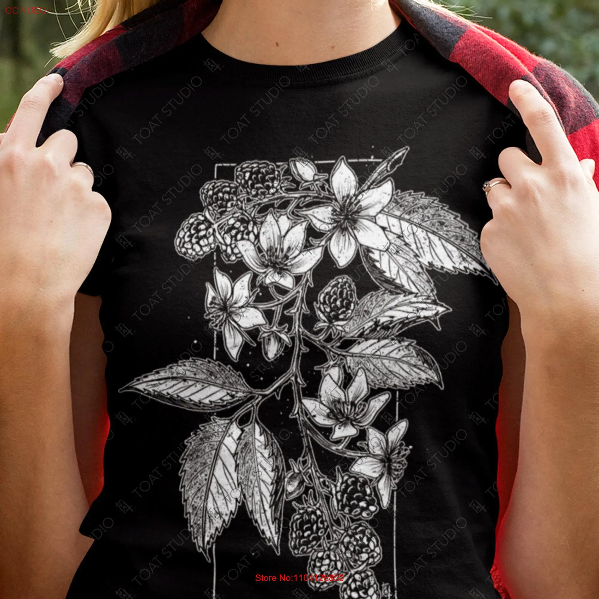 Camiseta de dibujo de bayas negras, arte de flor de grosella negra, Árbol frutal botánico de frambuesa, frutas de bayas, núcleo de granja, algodón