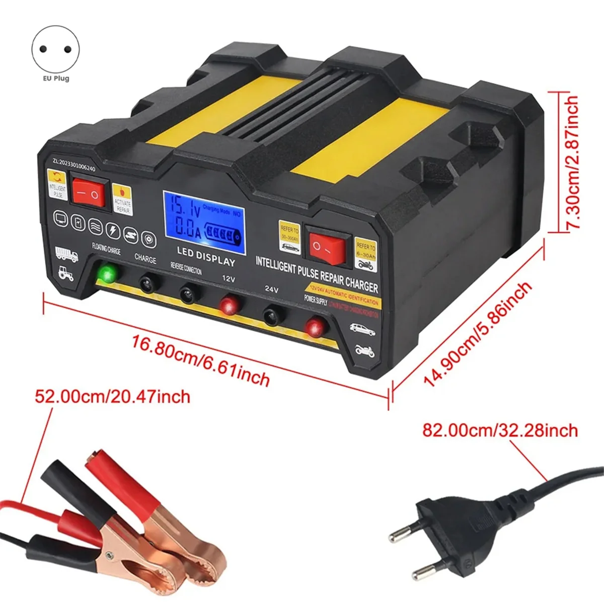 A002 Intelligent Pulse Repair Battery Charger 300AH LCD for Wet Dry Lead Acid Full Automatic Car Battery Charger EU-Plug