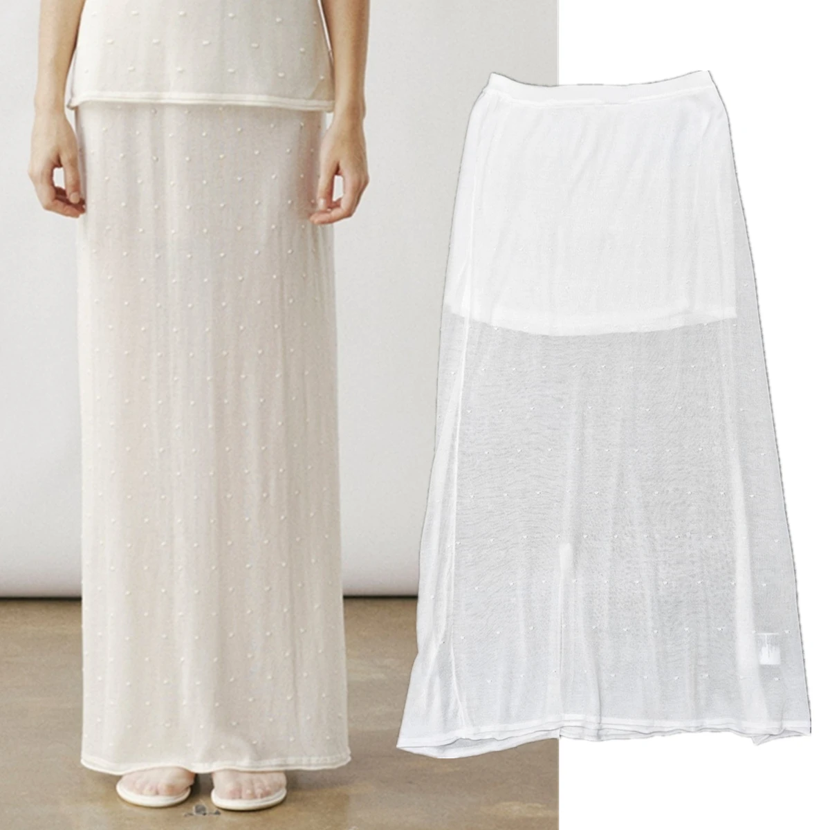 Maxdutti French Minimalist Elegant Polka Dot Knitted Midi Skirt 92% Lyocell White Elastic Waist Straight Tube Mid Skirt Woman